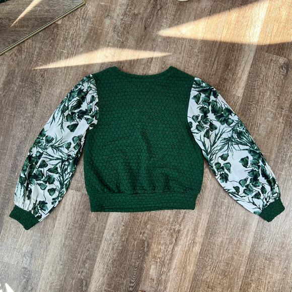 Porridge Anthropologie Women's Green Textured Pullover Botanical Sleeves - Picture 2 of 6